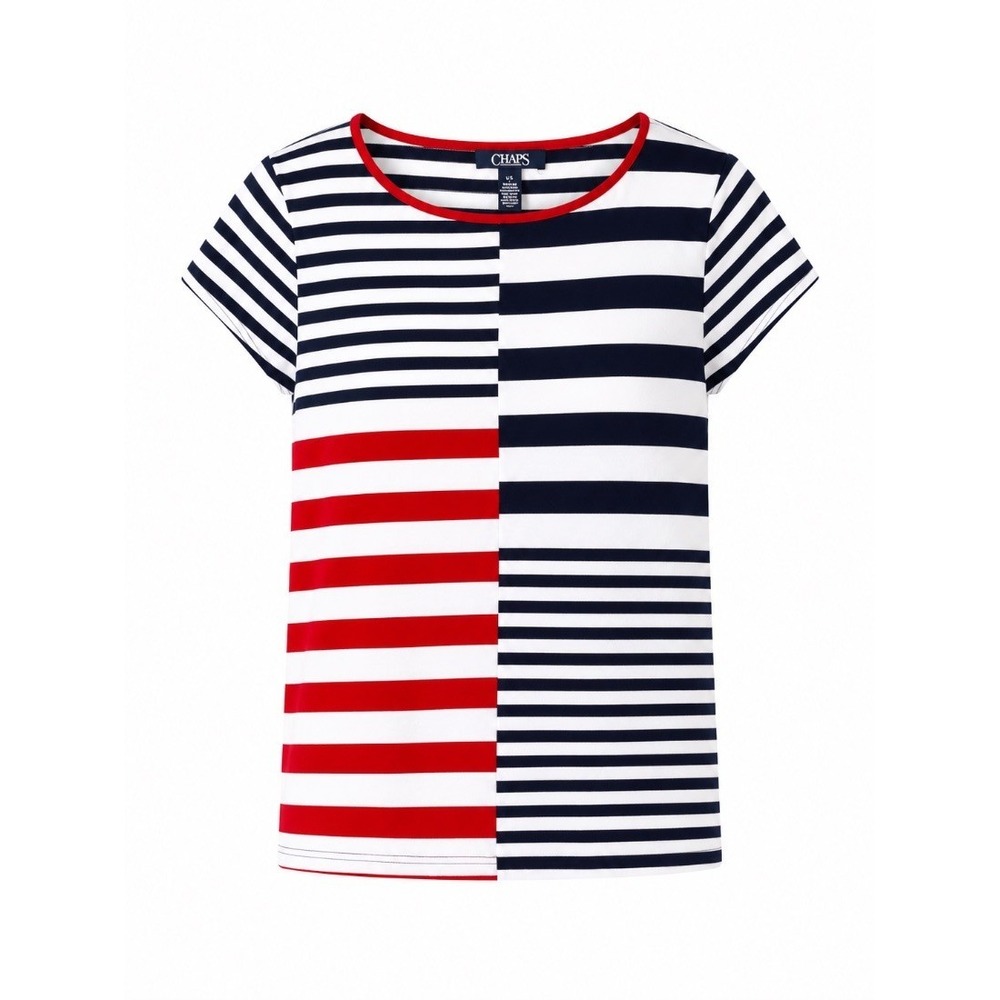 Chaps Womens Striped Color Block Tee Shirt‎ Navy Red White Short Sleeve L